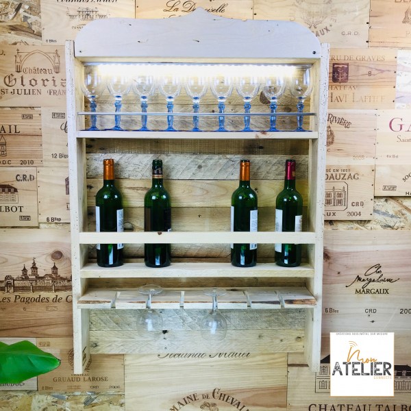 Support cave à vin en bois de palette recyclé avec éclairage intégré par led (blanc 4000k), étagère à bouteilles et verres